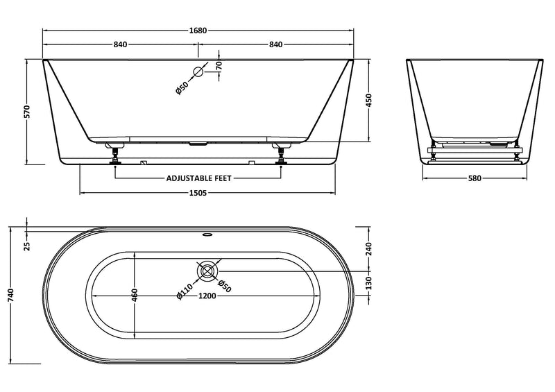 Viado Round Freestanding Bath Waste Included - 1680mm x 740mm