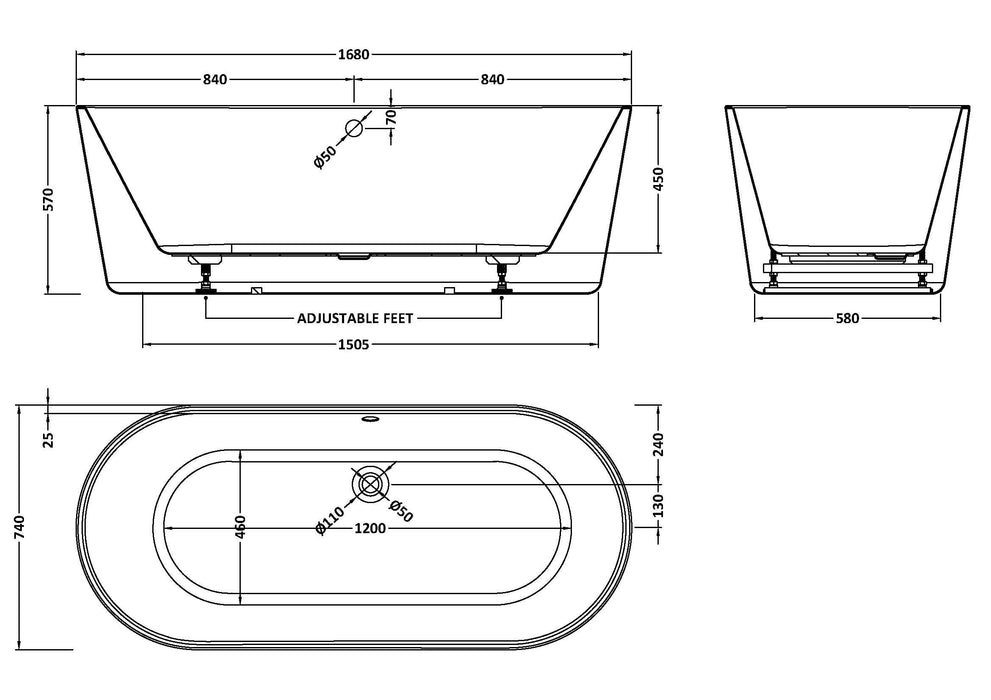 Viado Round Freestanding Bath Waste Included - 1680mm x 740mm