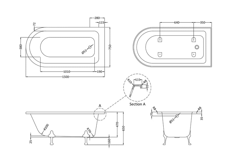 Single Ended Freestanding Shower Bath - Pride Leg Set 1500mm