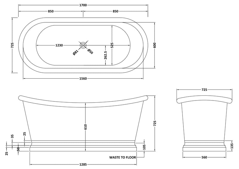 Copper Baths Freestanding Boat Bath - Copper Outer/Nickel Inner - 1700mm