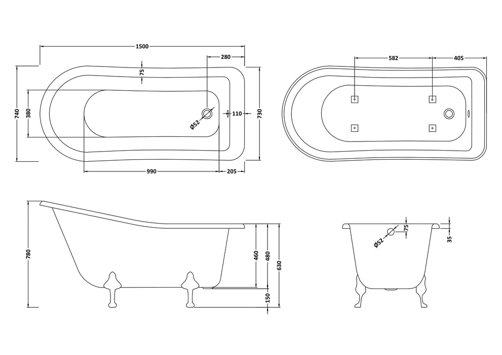Single Ended Freestanding Slipper Bath - Deacon Leg Set 1500mm