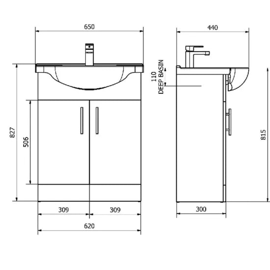 Arley Pro Kass 650mm Gloss White Floor Standing Vanity Unit With Basin