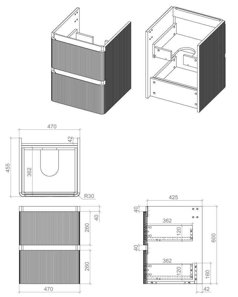 Nubo 500mm Wall Hung 2 Drawer Basin Unit & 1TH Basin