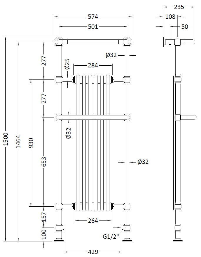 Old London Brampton Chrome / White 1500mm x 575mm Vertical Towel Rail