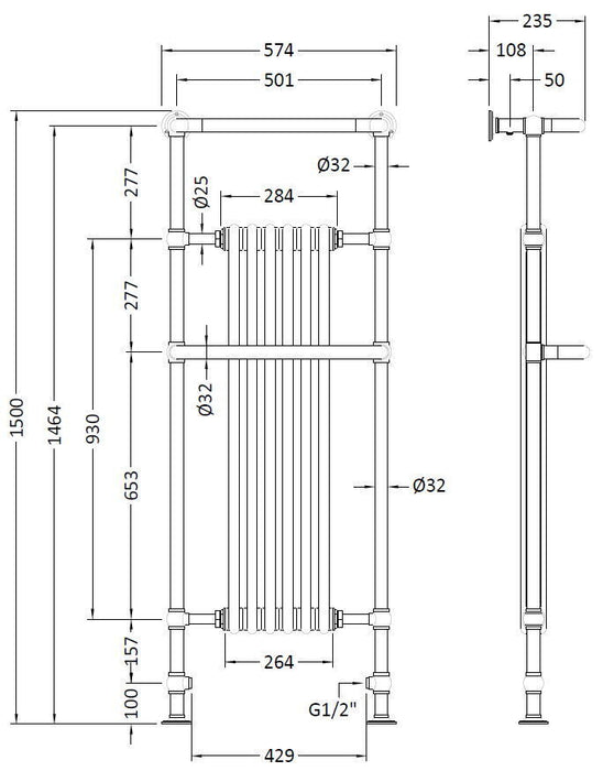 Old London Brampton Chrome / White 1500mm x 575mm Vertical Towel Rail