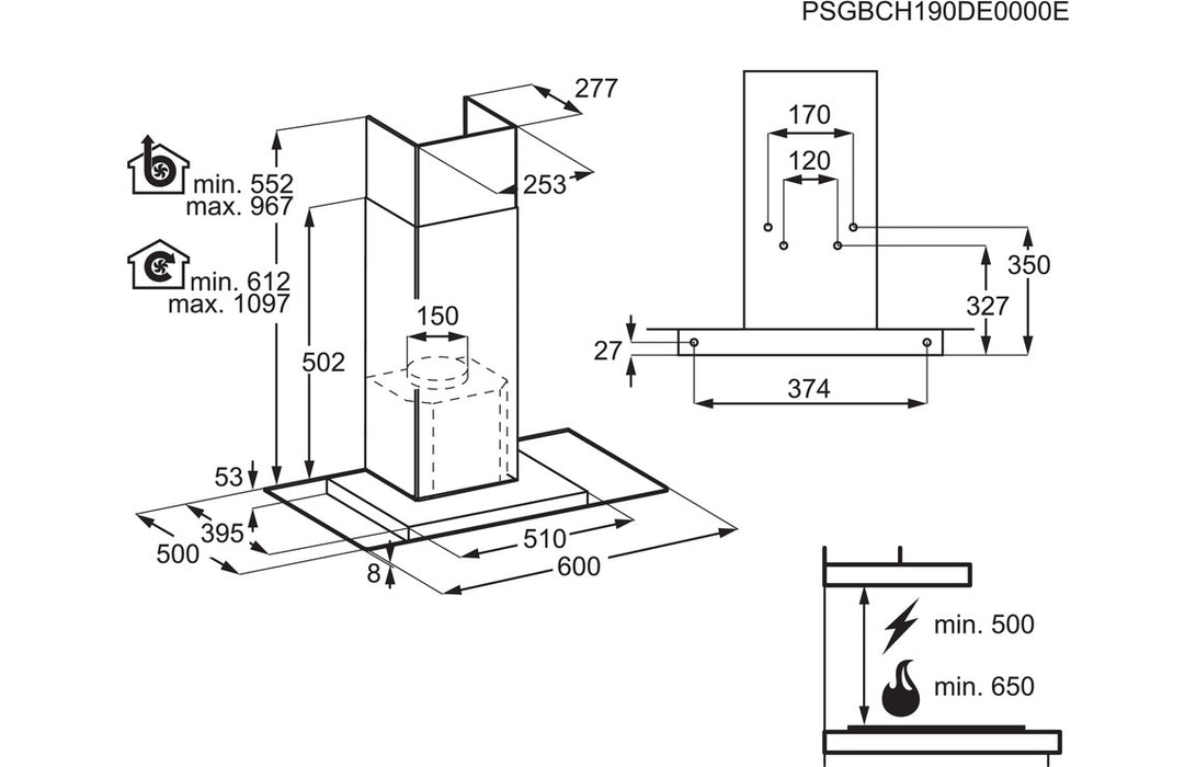 Electrolux LFL327A 60cm Flat Glass Chimney Hood - St/Steel