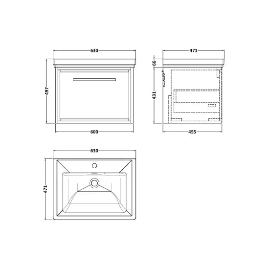 600mm Wall Hung Single Drawer Unit & Basin Set 1 Tap Hole (Drawer Unit, Basin or Set)