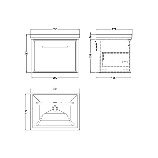 600mm Wall Hung Single Drawer Unit & Basin Set 0 Tap Hole (Drawer Unit, Basin or Set)
