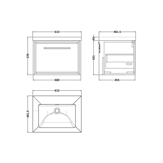 600mm Wall Hung Single Drawer Unit & Basin Set  0 Tap Hole (Drawer, Unit or Set)