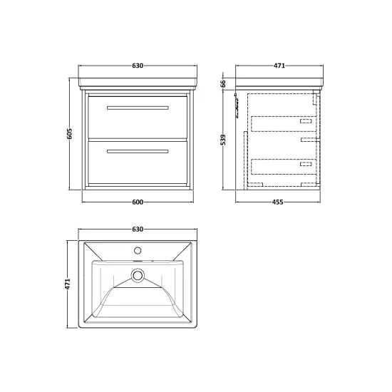 600mm Wall Hung 2 -Drawer Unit & Basin Set 1 Tap Hole (Drawer Unit, Basin or Set)