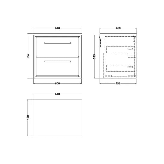 600mm Wall Hung 2-Drawer Unit & Marble Worktop (Drawer Unit, Basin or Set)