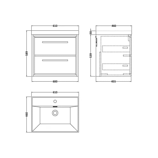 600mm Wall Hung 2-Drawer Unit & Basin Set 1 Tap Hole (Drawer Unit, Basin or Set)