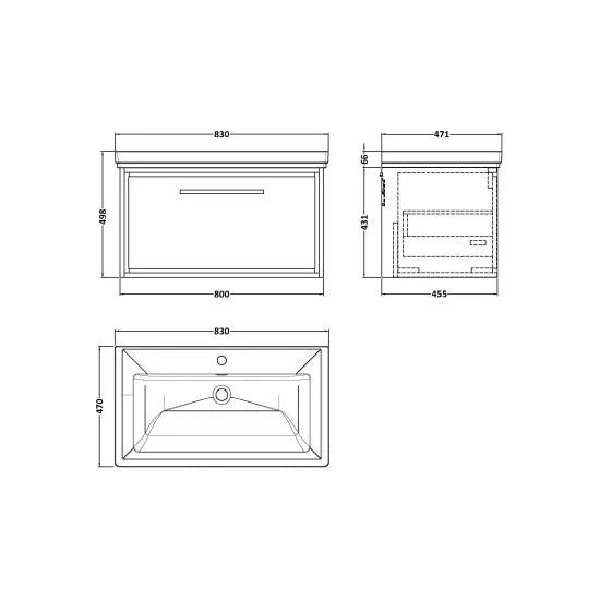 800mm Wall Hung Single Drawer Unit & Basin Set 1 Tap Hole (Drawer Unit, Basin or Set)