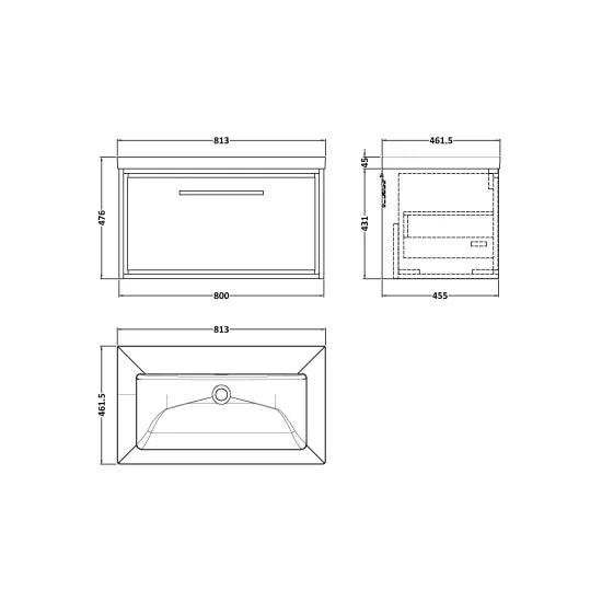 800mm Wall Hung Single Drawer Unit & Basin 0Tap Hole (Drawer Unit, Basin or Set)