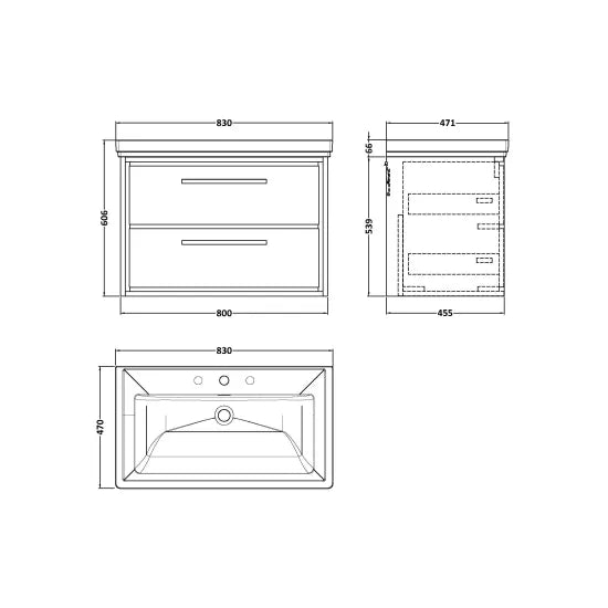 800mm Wall Hung 2-Drawer Unit & Basin Set  3Tap Hole (Drawer, Unit or Set)