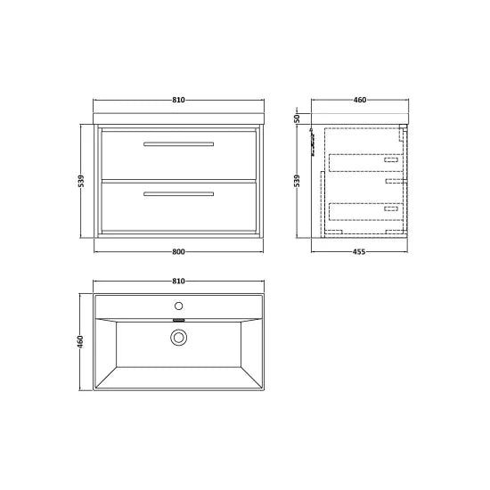 800mm Wall Hung 2-Drawer Unit & Basin Set 1 Tap Hole (Drawer Unit, Basin or Set)
