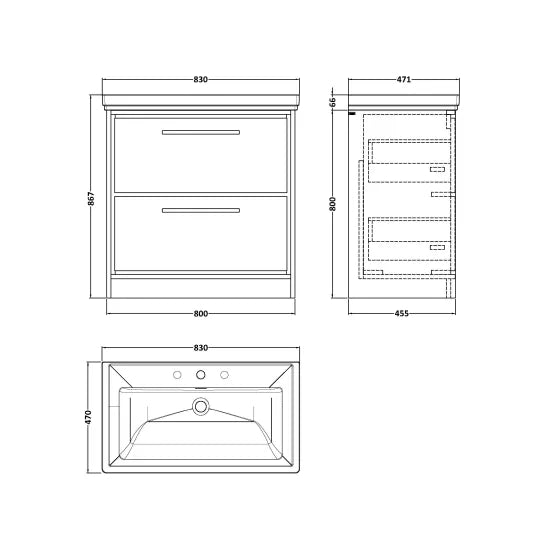 800mm Floor Standing 2-Drawer Unit & Basin Set 3 Tap Hole(Drawer Unit, Basin or Set)