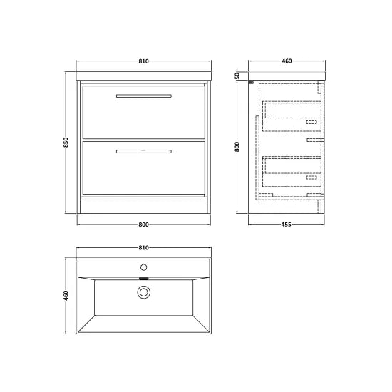 800mm Floor Standing 2-Drawer Unit & Basin Set 1 Tap Hole (Drawer Unit, Basin or Set)