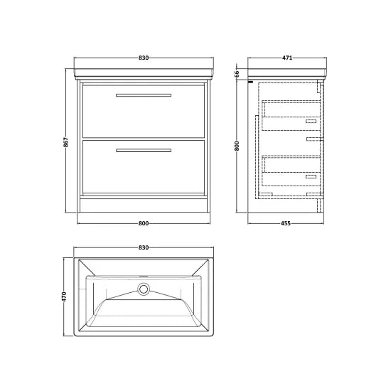 800mm Floor Standing 2-Drawer Unit & Basin Set 0 Tap Hole (Drawer Unit, Basin or Set)