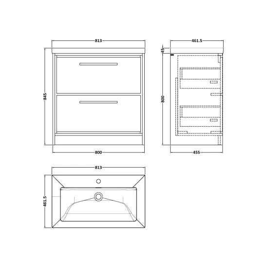 800mm Floor Standing 2-Drawer Unit & Basin 1Tap Hole (Drawer Unit, Basin or Set)