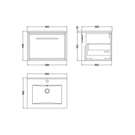 600mm Wall Hung Single Drawer Unit & Basin Set 1 Tap Hole (Drawer Unit, Basin or Set)