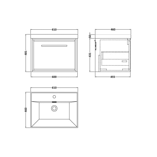 600mm Wall Hung Single Drawer Unit & Basin Set 1 Tap Hole (Drawer Unit, Basin or Set)