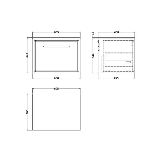 600mm Wall Hung Single Drawer Unit & Worktop (Drawer Unit, Basin or Set)
