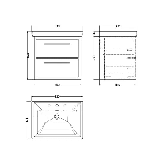 600mm Wall Hung 2-Drawer Unit & Basin Set 3 Tap Hole (Drawer Unit, Basin or Set)