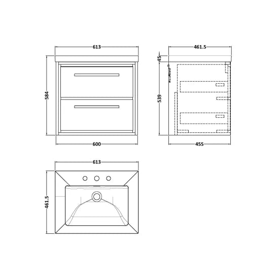 600mm Wall Hung 2-Drawer Unit & Basin 3Tap Hole (Drawer Unit, Basin or Set)