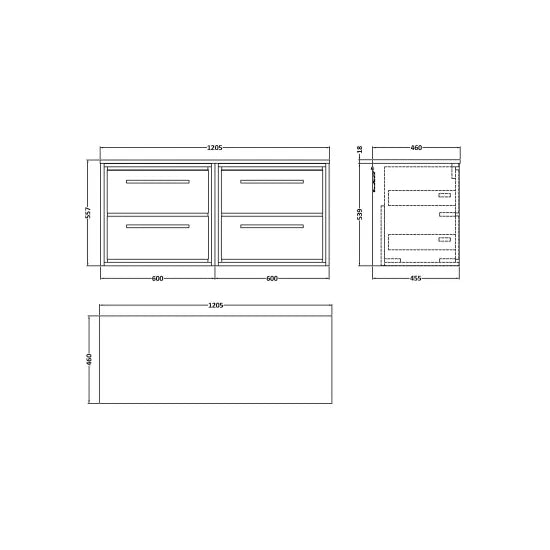 1200mm Wall Hung 4-Drawer Unit & Worktop (Drawer Unit, Basin or Set)