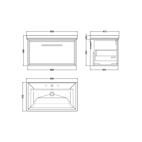 800mm Wall Hung Single Drawer Unit & Basin Set  3Tap Hole (Drawer, Unit or Set)
