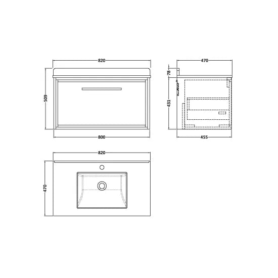 800mm Wall Hung Single Drawer Unit & Marble Worktop w Basin (Drawer, Unit or Set)