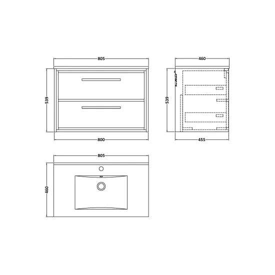800mm Wall Hung 2-Drawer Unit & Basin Set 1 Tap Hole (Drawer Unit, Basin or Set)