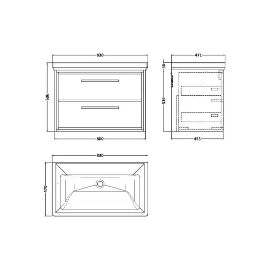 800mm Wall Hung 2-Drawer Unit & Basin Set 0 Tap Hole(Drawer Unit, Basin or Set)
