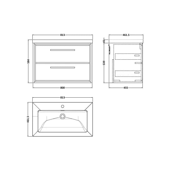 800 Wall Hung 2-Drawer Unit & Basin 1Tap Hole (Drawer Unit, Basin or Set)