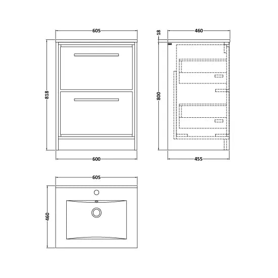 600mm Floor Standing 2-Drawer Unit & Basin Set 1 Tap Hole (Drawer Unit, Basin or Set)