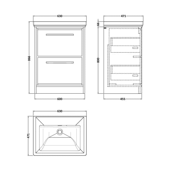 600mm Floor Standing 2-Drawer Unit & Basin 0 Tap Hole (Drawer Unit, Basin or Set)