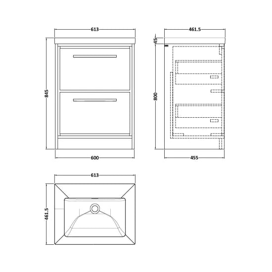 600mm Floor Standing 2-Drawer Unit & Basin Set  0 Tap Hole (Drawer, Unit or Set)