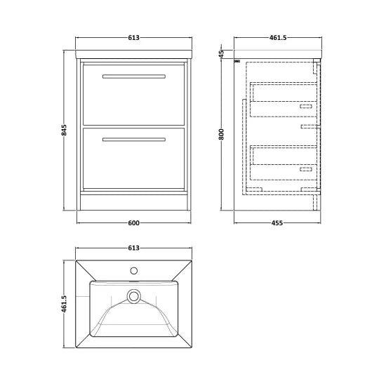 600mm Floor Standing  2-Drawer Unit & Basin Set 1 Tap Hole (Drawer, Unit or Set)