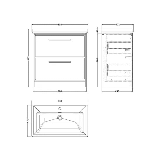 800mm Floor Standing 2-Drawer Unit & Basin Set 1 Tap Hole (Drawer Unit, Basin or Set)