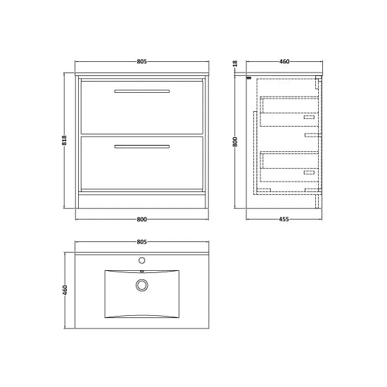800mm Floor Standing 2-Drawer Unit & Basin Set 1 Tap Hole (Drawer Unit, Basin or Set)