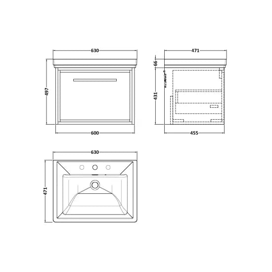 600mm Wall Hung Single Drawer Unit & Basin 3 Tap Hole(Drawer Unit, Basin or Set)