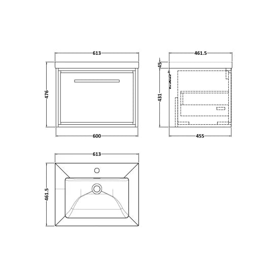 600mm Wall Hung Single Drawer Unit & Basin Set  1 Tap Hole (Drawer, Unit or Set)