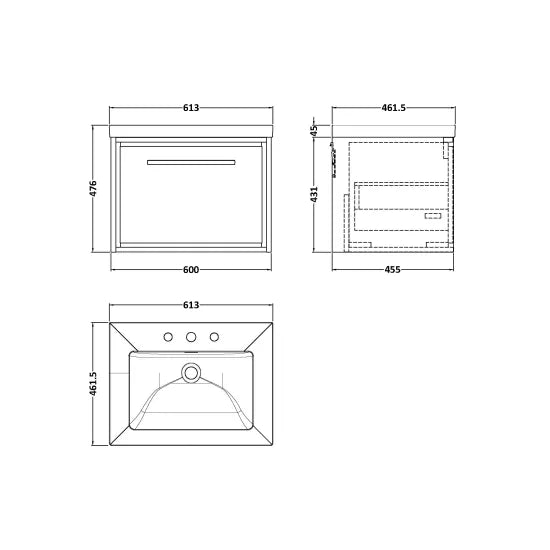 600mm Wall Hung Single Drawer Unit & Basin 3Tap Hole (Drawer Unit, Basin or Set)