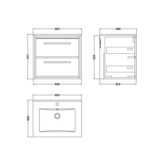 600mm Wall Hung 2-Drawer Unit & Basin Set 1 Tap Hole (Drawer Unit, Basin or Set)