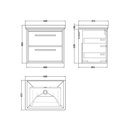 600mm Wall Hung 2-Drawer Unit & Basin Set 0Tap Hole (Drawer Unit, Basin or Set)