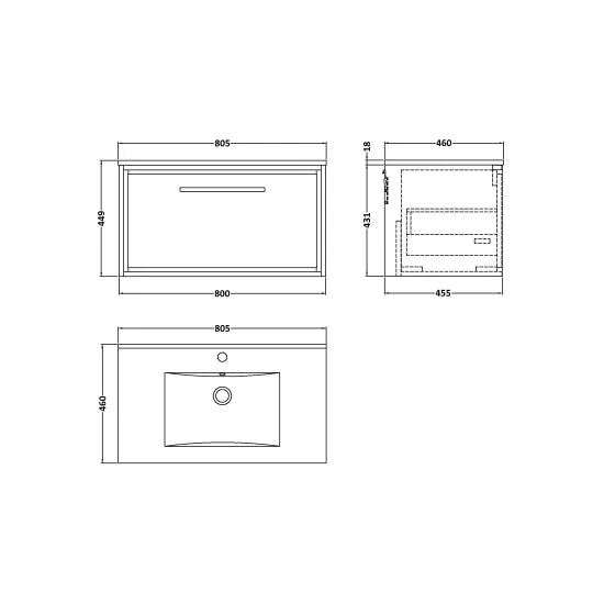 800mm Wall Hung Single Drawer Unit Set & Basin 1 Tap Hole (Drawer Unit, Basin or Set)