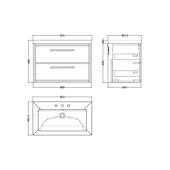 800 Wall Hung 2-Drawer Unit & Basin 3Tap Hole (Drawer Unit, Basin or Set)