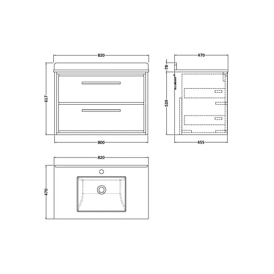 800mm Wall Hung 2-Drawer Unit & Marble Worktop w Basin (Drawer Unit or Set)