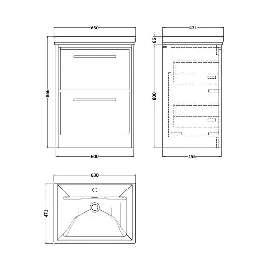600mm Floor Standing 2-Drawer Unit & Basin Set 1 Tap Hole (Drawer Unit, Basin or Set)